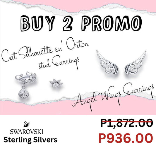 Cat Silhouette en' Orton stud Earrings & Angel Wings Earrings Swarovski Sterling Silver